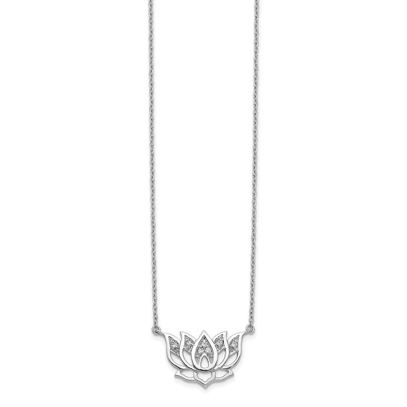 14k White Gold Real Diamond Lotus Flower 18 inch Necklace