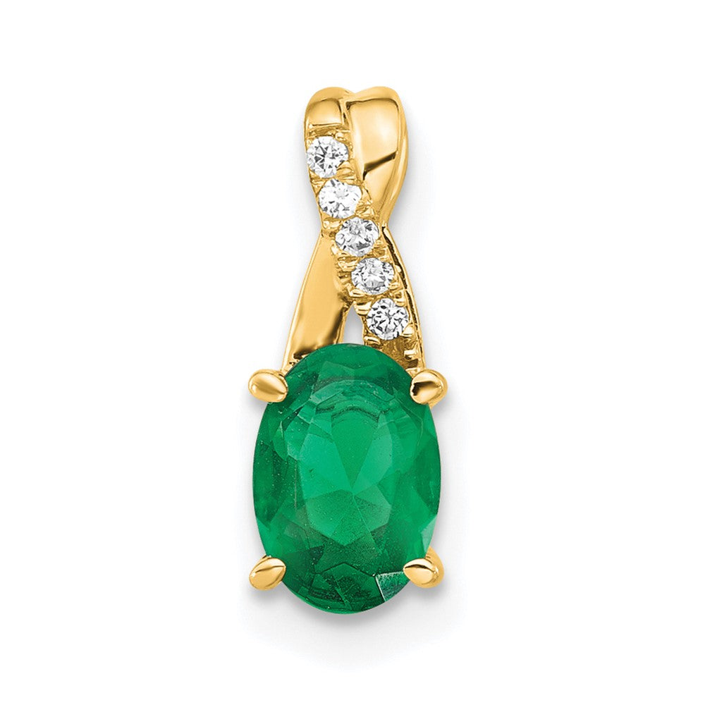 14K Yellow Gold Oval Created Emerald and Diamond Pendant