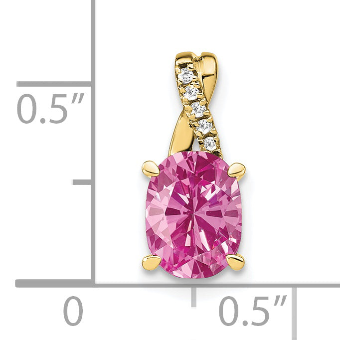 10K Yellow Gold Oval Created Pink Sapphire And Diamond Pendant