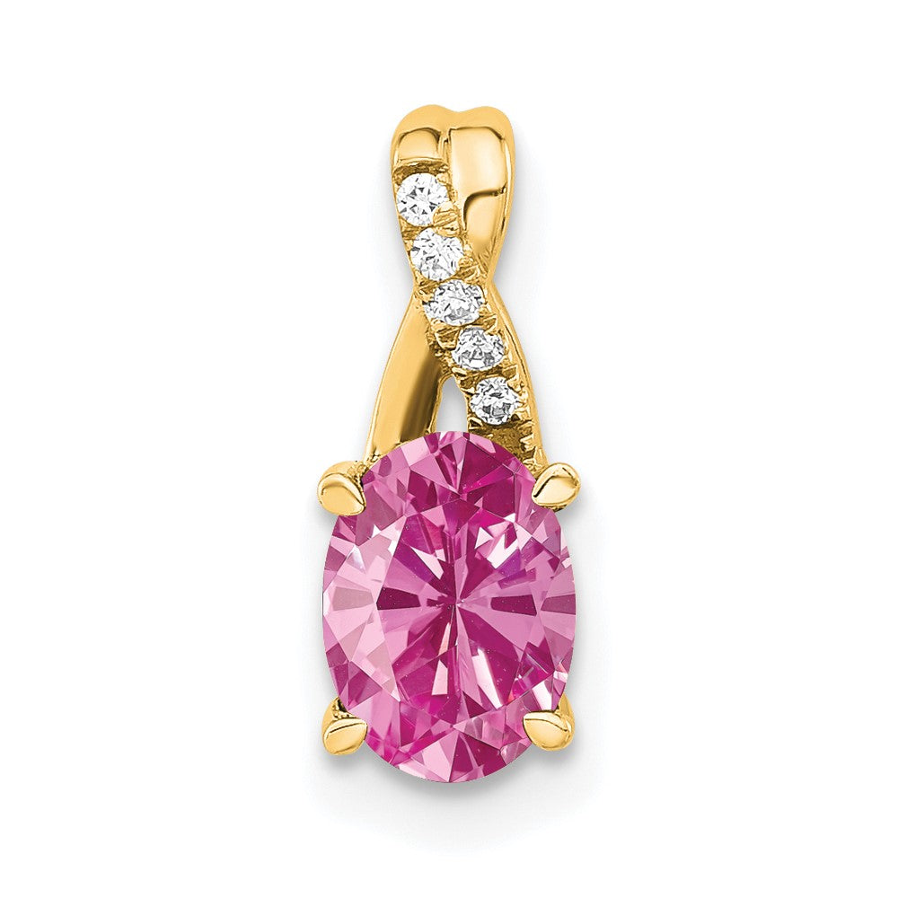14K Yellow Gold Oval Created Pink Sapphire and Diamond Pendant