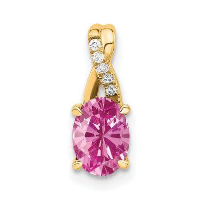 14K Yellow Gold Oval Created Pink Sapphire and Diamond Pendant