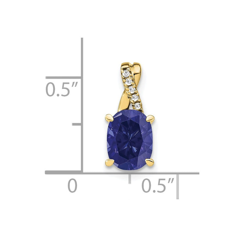 10K Yellow Gold Oval Created Sapphire And Diamond Pendant