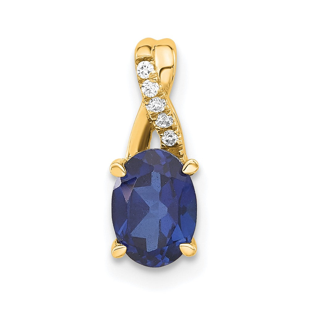 14K Yellow Gold Oval Created Sapphire and Diamond Pendant
