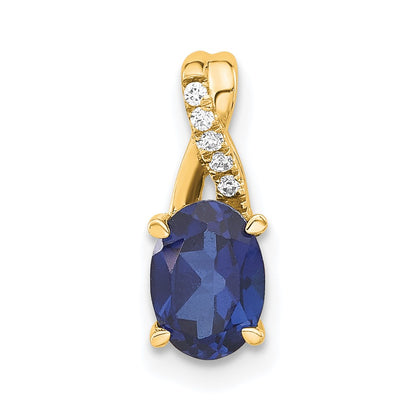 14K Yellow Gold Oval Created Sapphire and Diamond Pendant