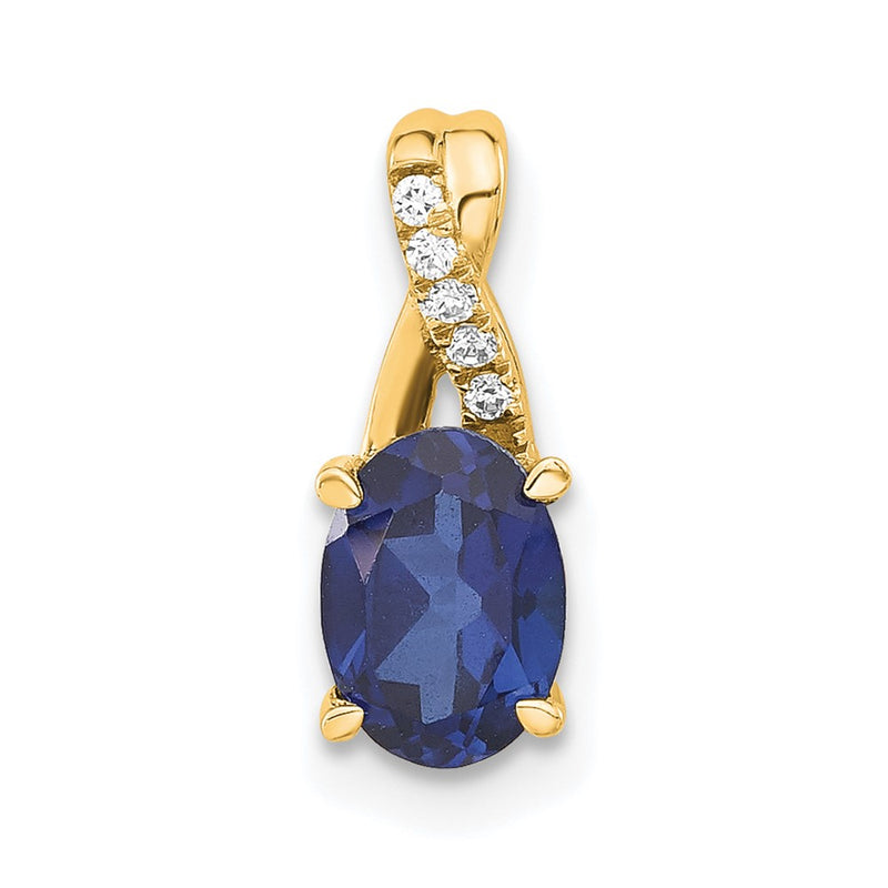 14K Yellow Gold Oval Created Sapphire and Diamond Pendant