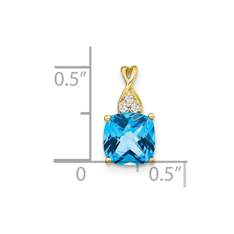 10K Yellow Gold Checkerboard Blue Topaz And Diamond Pendant