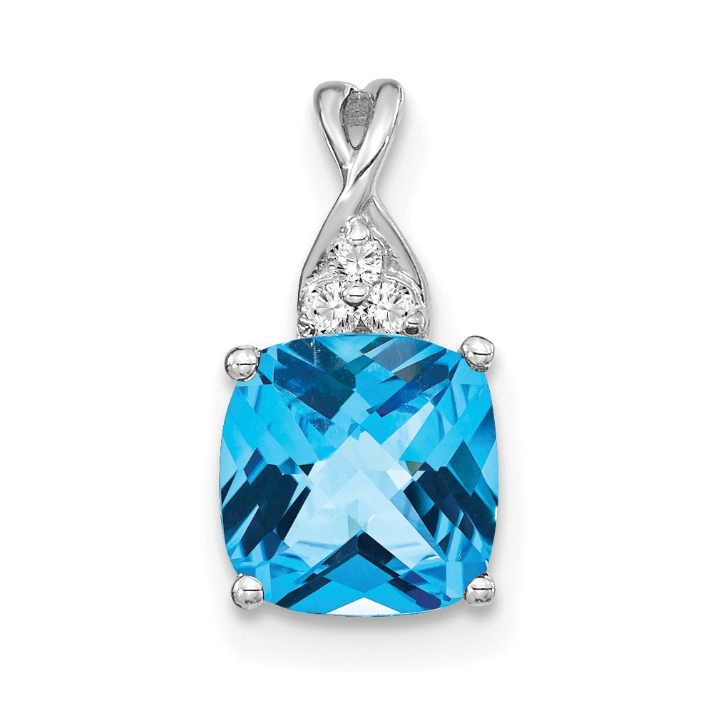 14K White Gold Checkerboard Blue Topaz and Diamond Pendant