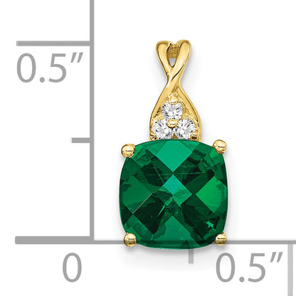 10K Yellow Gold Checkerboard Created Emerald And Diamond Pendant