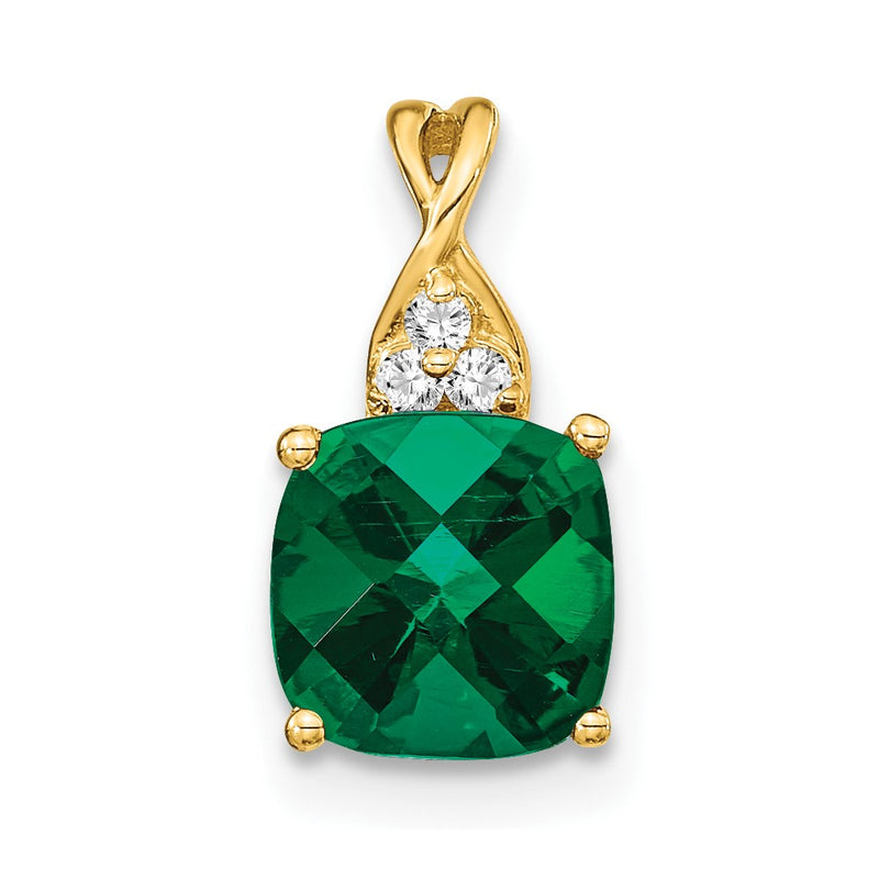 10K Yellow Gold Checkerboard Created Emerald And Diamond Pendant