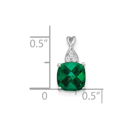 14K White Gold Checkerboard Created Emerald and Diamond Pendant