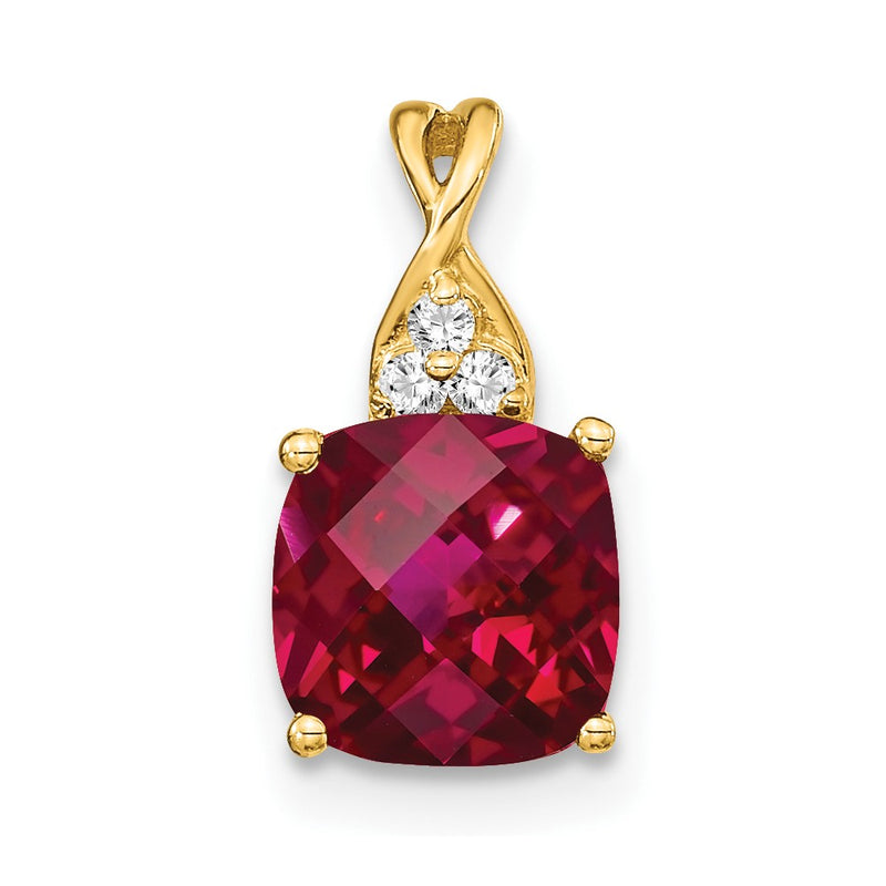 10K Yellow Gold Checkerboard Created Ruby And Diamond Pendant