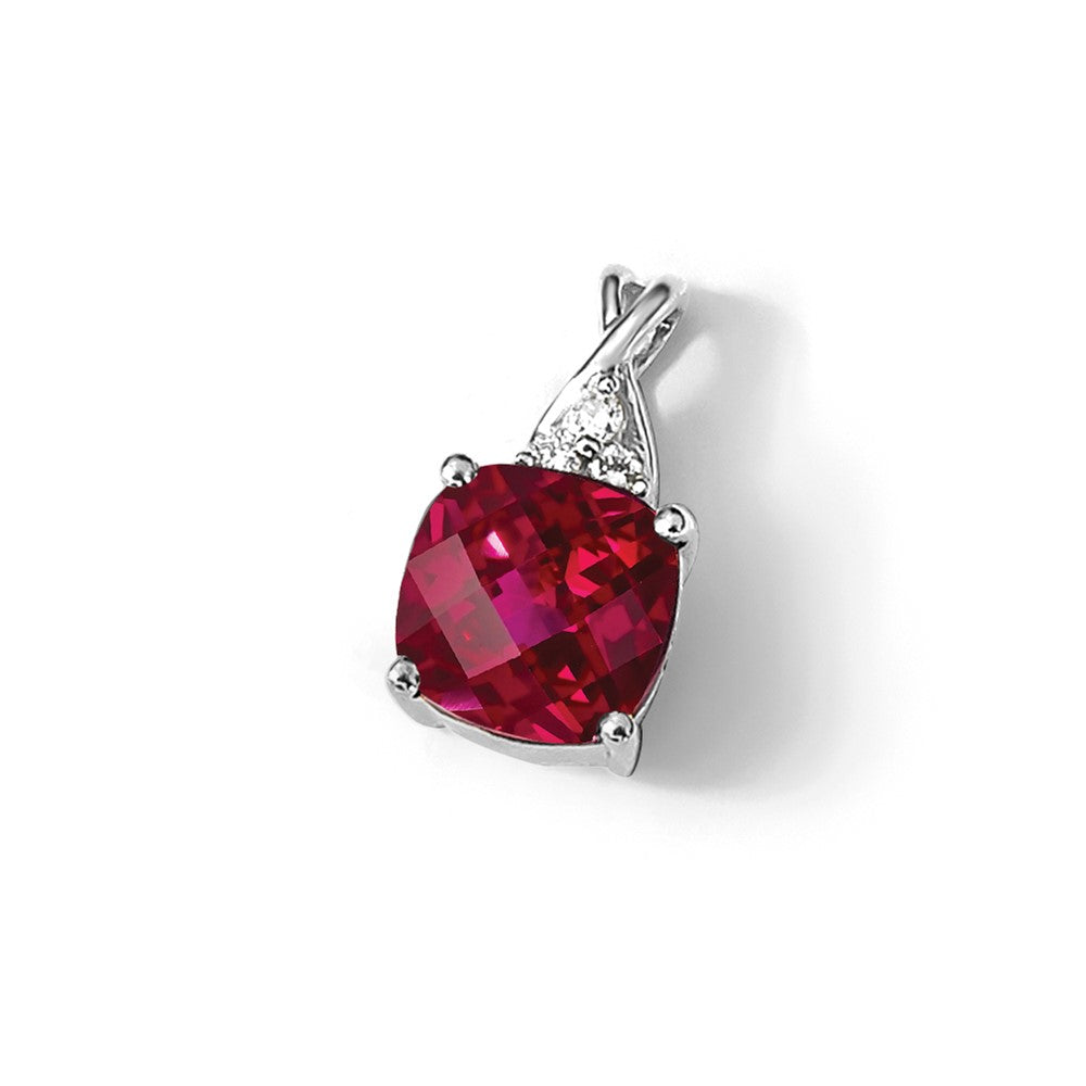 14K White Gold Checkerboard Created Ruby and Diamond Pendant