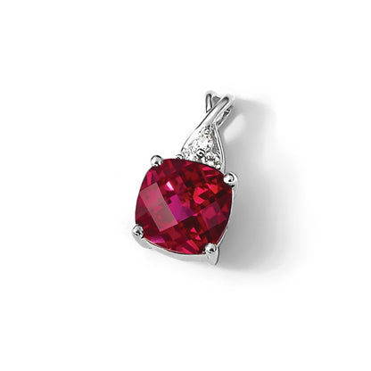 14K White Gold Checkerboard Created Ruby and Diamond Pendant