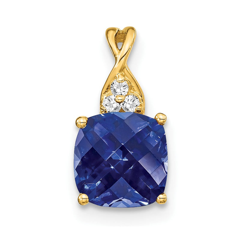 10K Yellow Gold Checkerboard Created Sapphire And Diamond Pendant