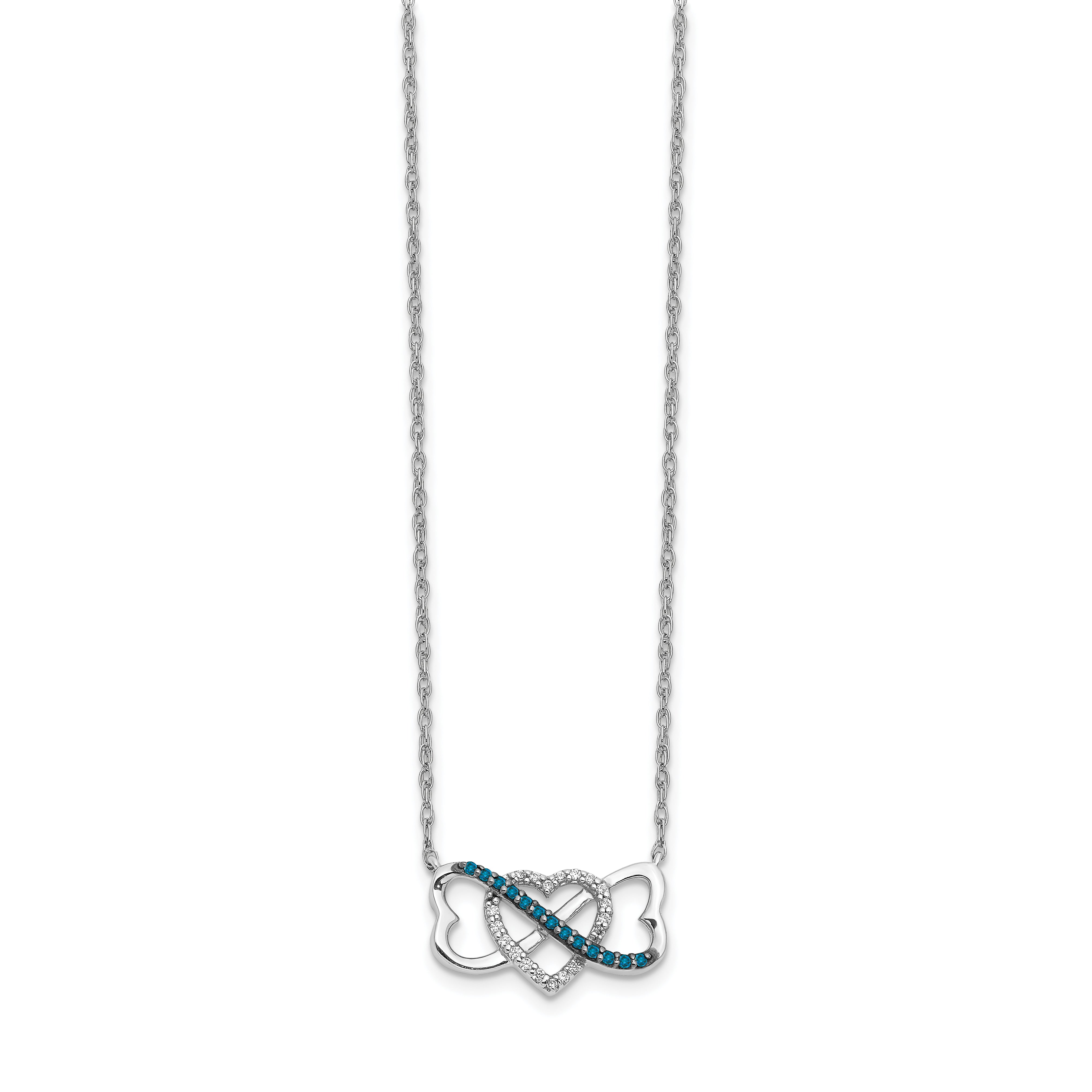 14k White Gold w/ Blue and White Real Diamond Triple Heart Pendant