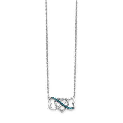 14k White Gold w/ Blue and White Real Diamond Triple Heart Pendant