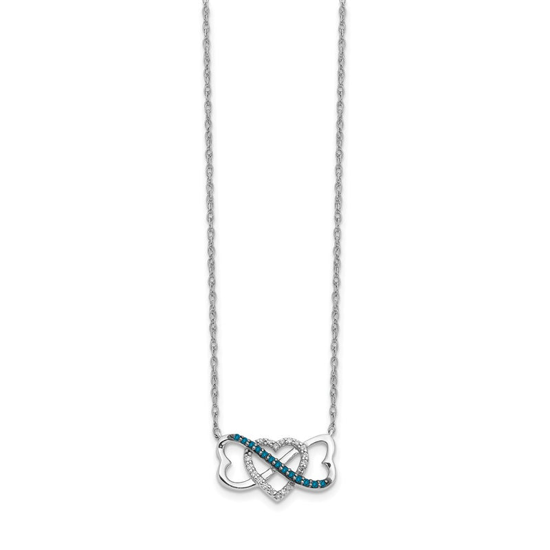14k White Gold w/ Blue and White Real Diamond Triple Heart Pendant