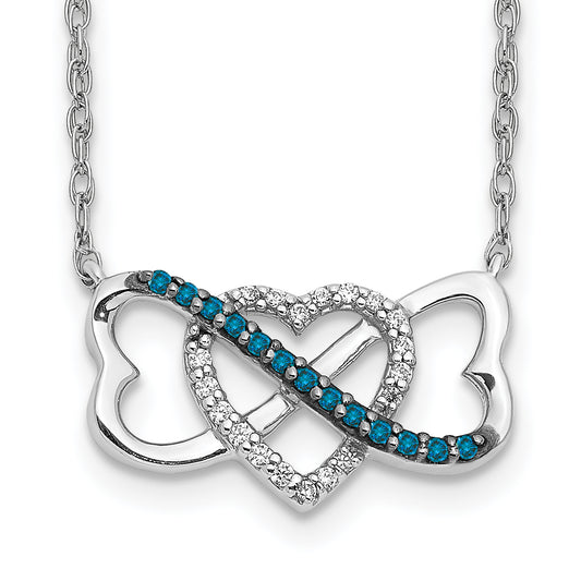 14k White Gold w/ Blue and White Real Diamond Triple Heart Pendant