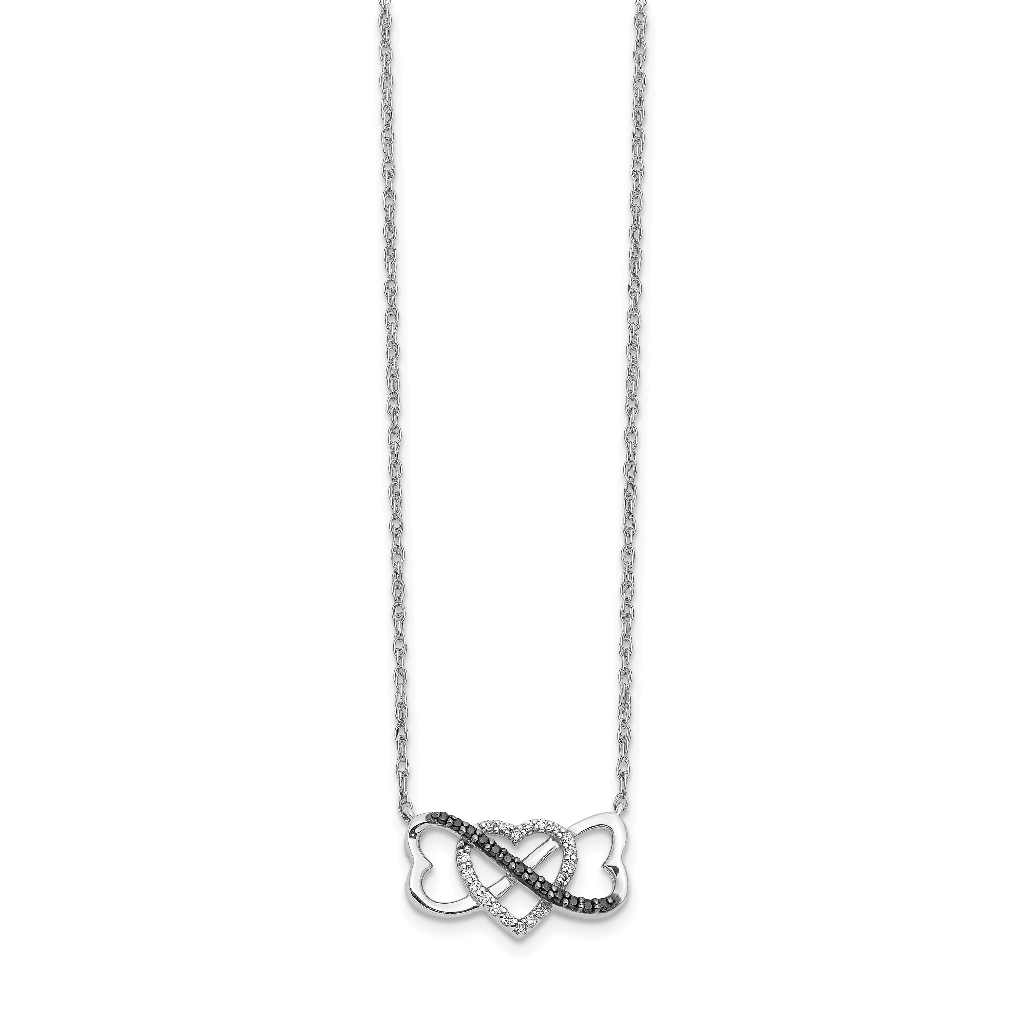 14k White Gold w/ Black and White Real Diamond Triple Heart Pendant