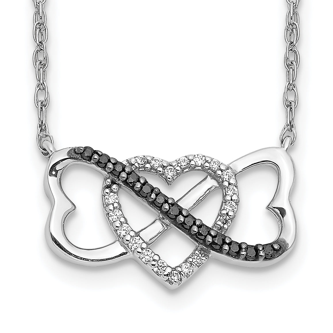 14k White Gold w/ Black and White Real Diamond Triple Heart Pendant