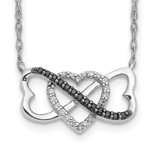 14k White Gold w/ Black and White Real Diamond Triple Heart Pendant
