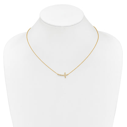 14K Yellow Gold Real Diamond Sideways Cross 18in Necklace
