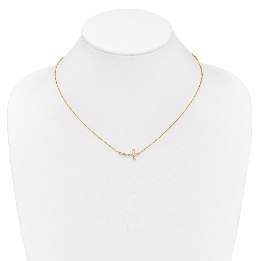 14K Yellow Gold Real Diamond Sideways Cross 18in Necklace