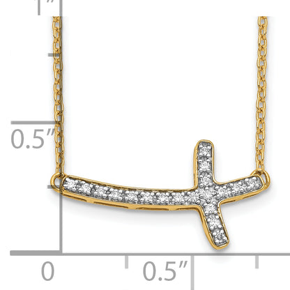 14K Yellow Gold Real Diamond Sideways Cross 18in Necklace
