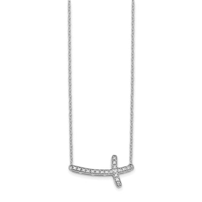 14k White Gold Real Diamond Sideways Cross 18in Necklace