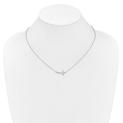 14k White Gold Real Diamond Sideways Cross 18in Necklace