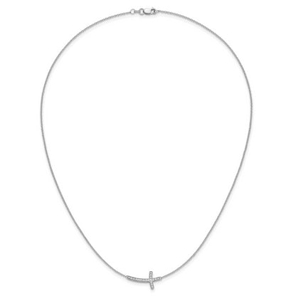 14k White Gold Real Diamond Sideways Cross 18in Necklace