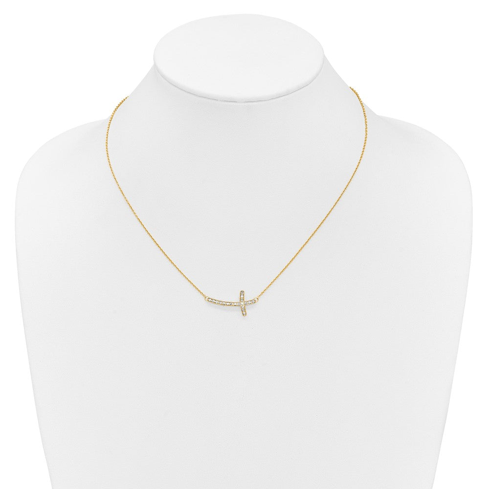 14K Yellow Gold Real Diamond Sideways Cross 18in Necklace