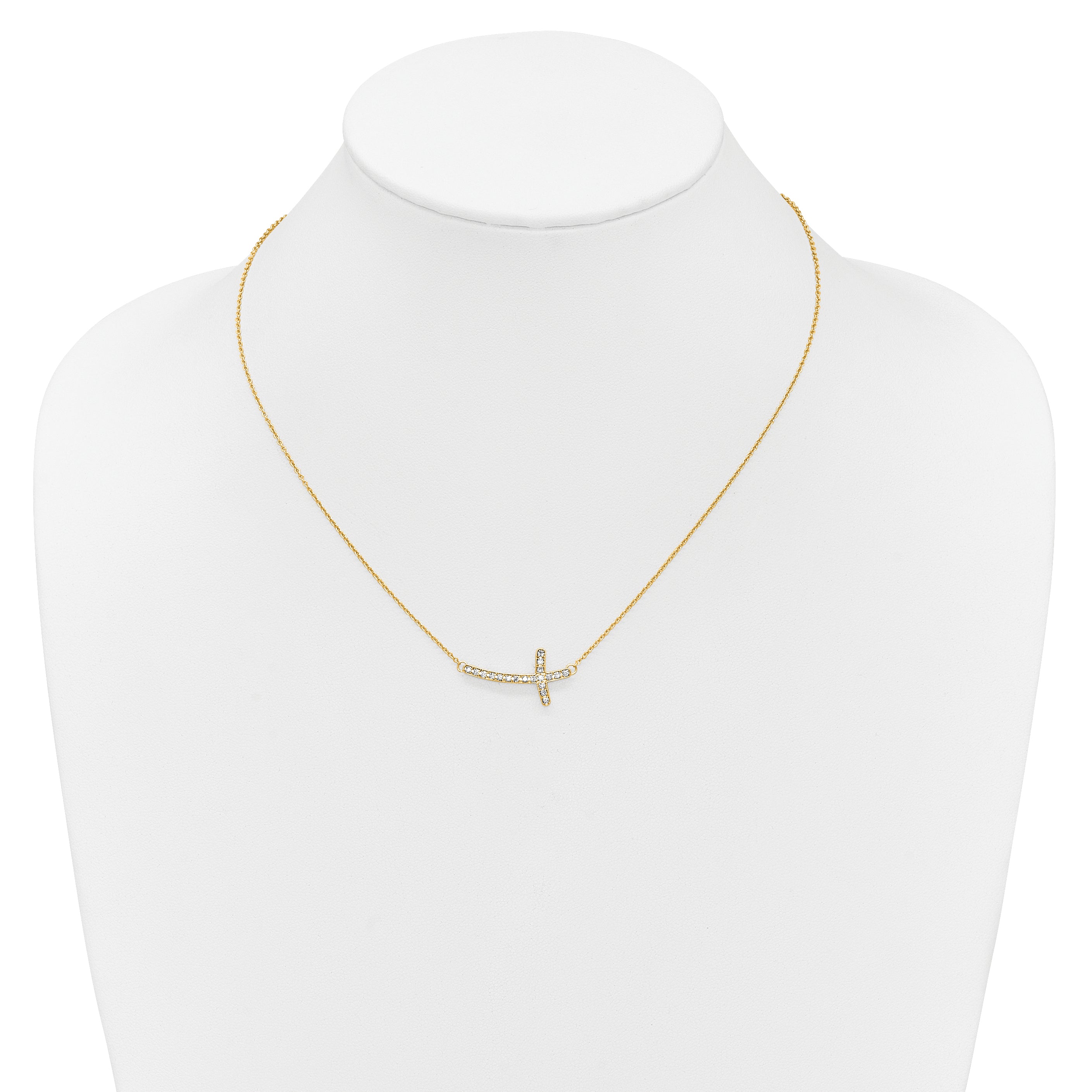 14K Yellow Gold Real Diamond Sideways Cross 18in Necklace