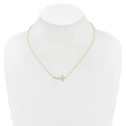 14K Yellow Gold Real Diamond Sideways Cross 18in Necklace