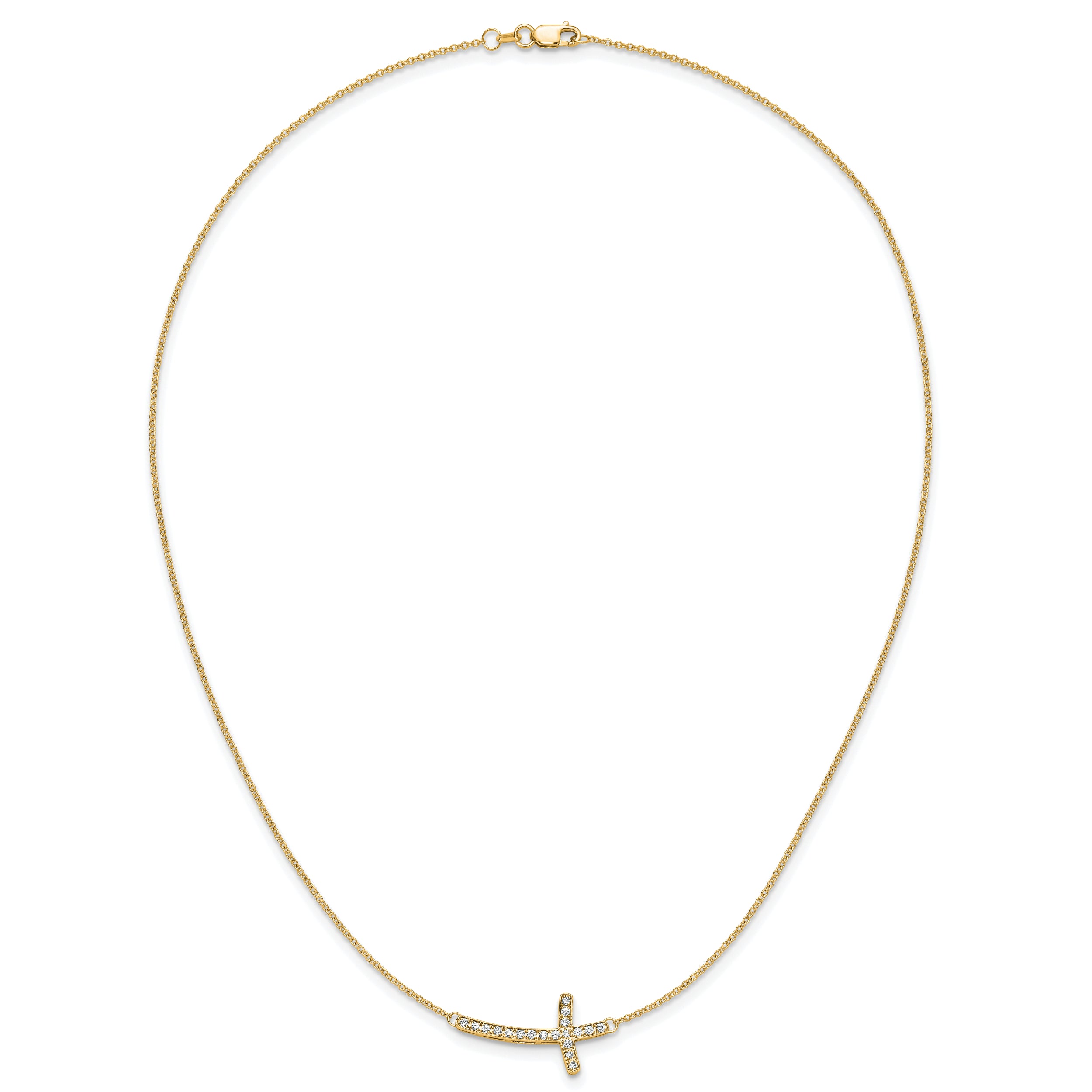 14K Yellow Gold Real Diamond Sideways Cross 18in Necklace