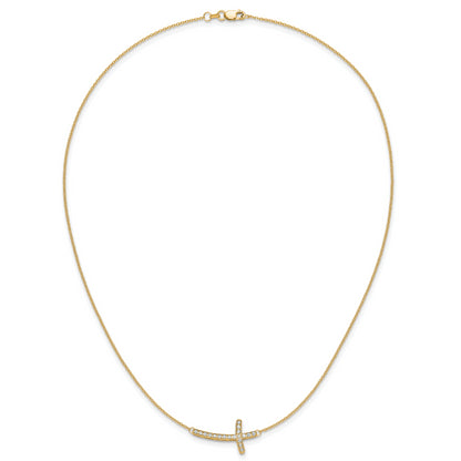 14K Yellow Gold Real Diamond Sideways Cross 18in Necklace
