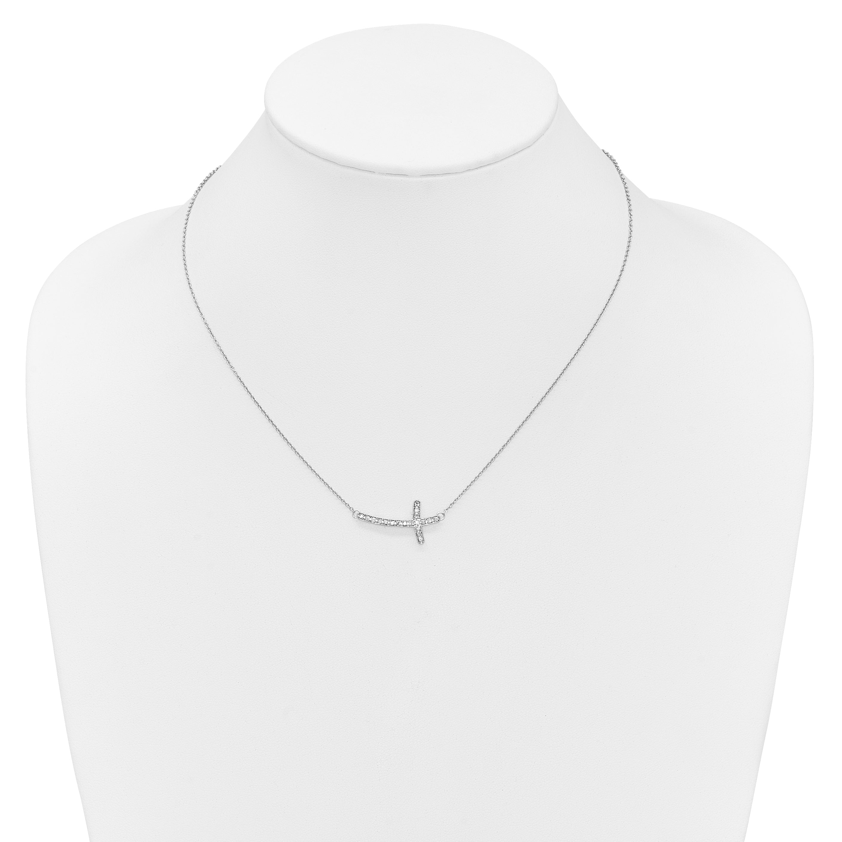 14k White Gold Real Diamond Sideways Cross 18in Necklace
