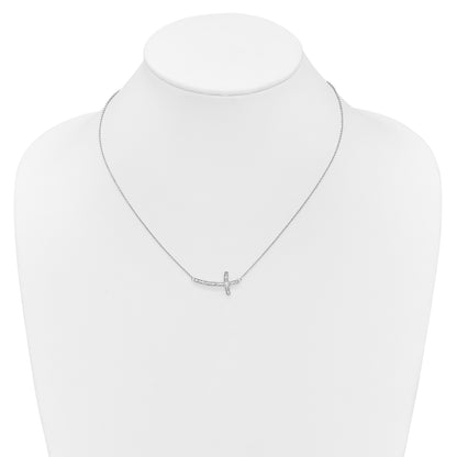 14k White Gold Real Diamond Sideways Cross 18in Necklace