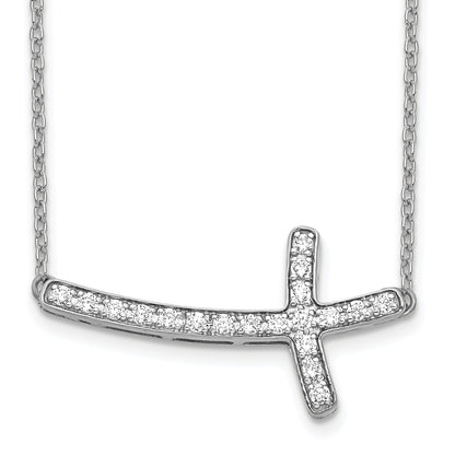 14k White Gold Real Diamond Sideways Cross 18in Necklace
