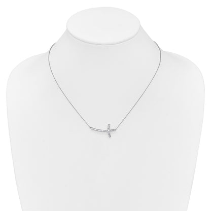 14k White Gold Real Diamond Sideways Cross 18in Necklace