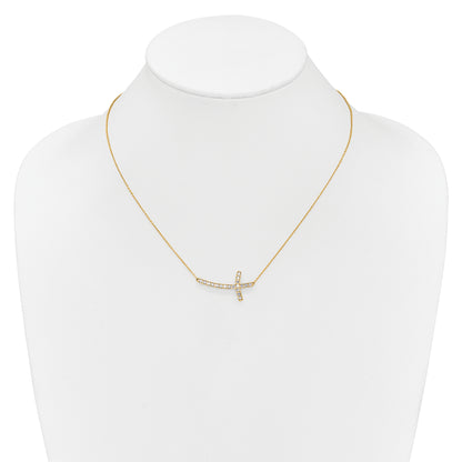 14K Yellow Gold Real Diamond Sideways Cross 18in Necklace