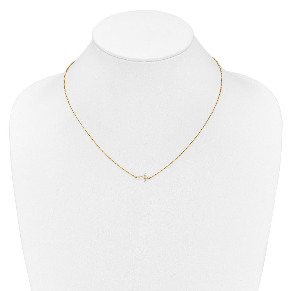 14K Yellow Gold Real Diamond Sideways Cross 18in Necklace