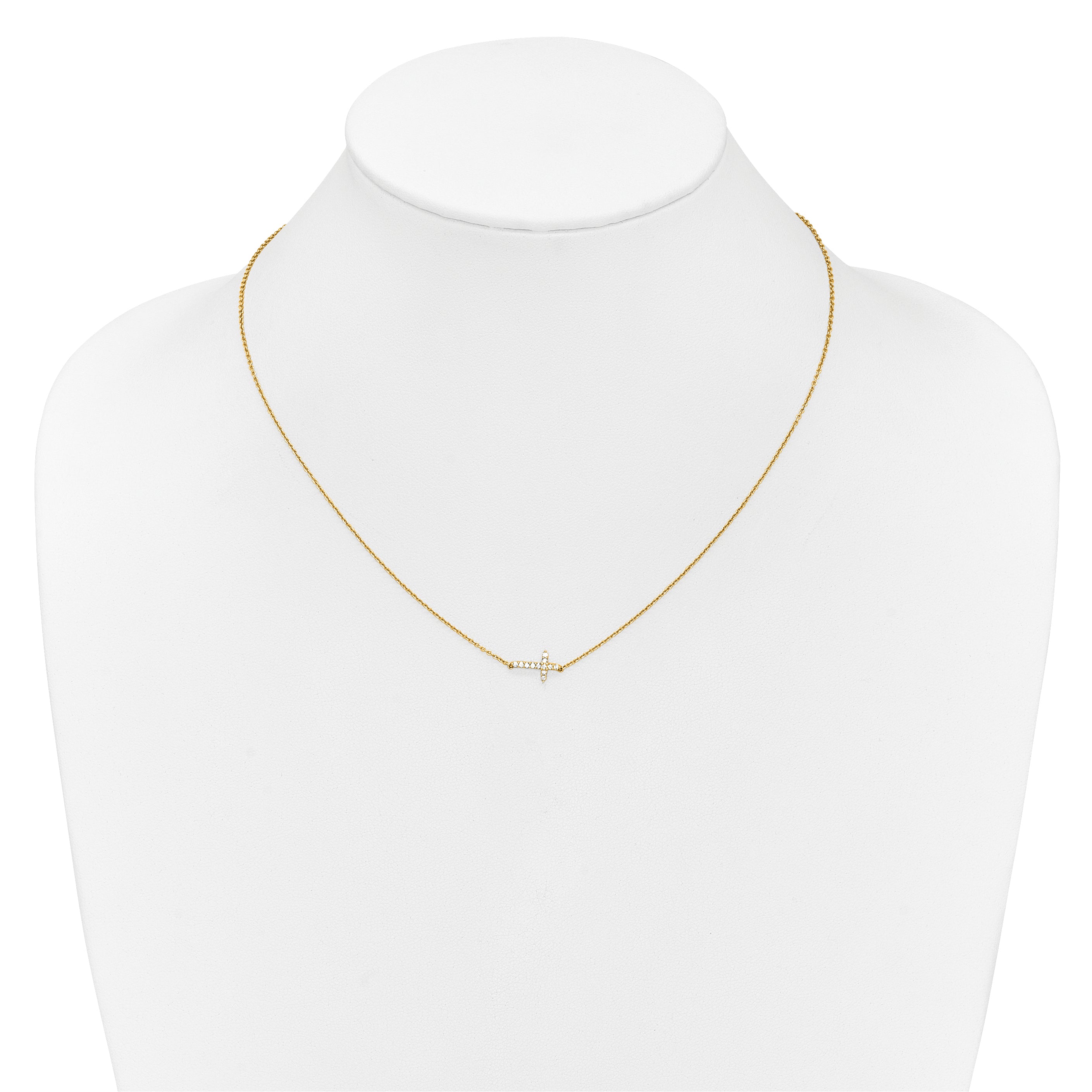 14K Yellow Gold Real Diamond Sideways Cross 18in Necklace
