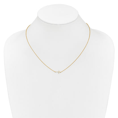 14K Yellow Gold Real Diamond Sideways Cross 18in Necklace