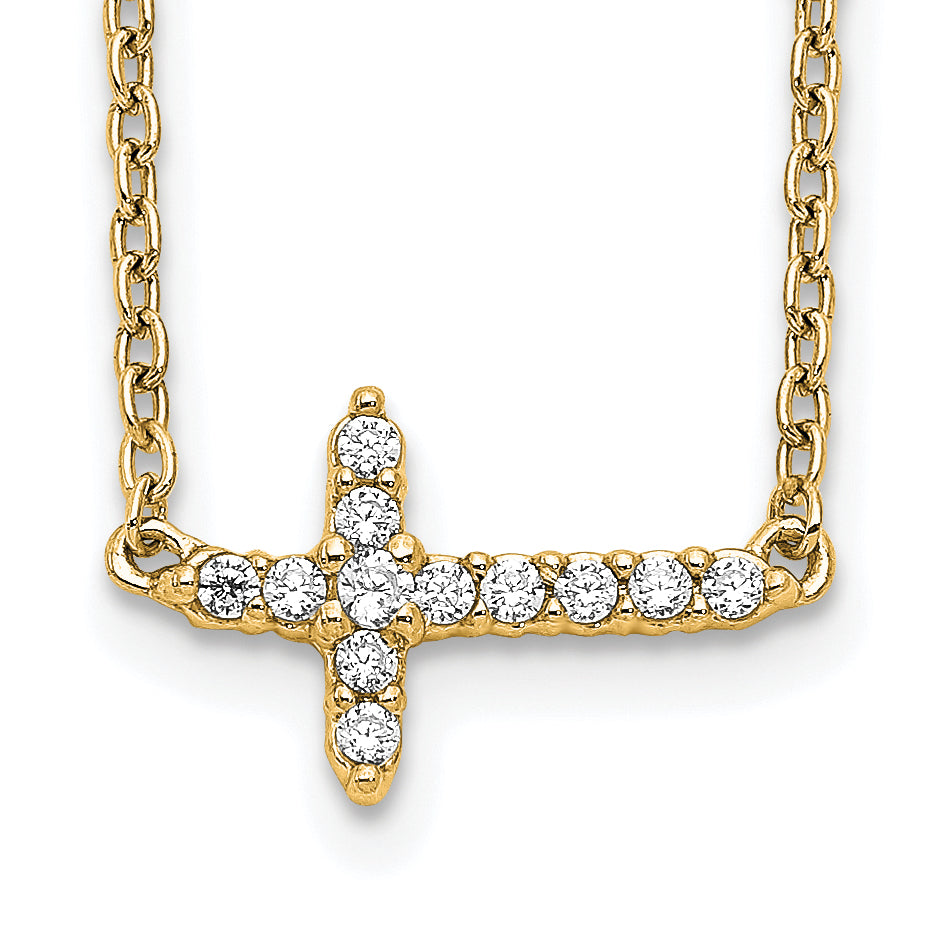 14K Yellow Gold Real Diamond Sideways Cross 18in Necklace