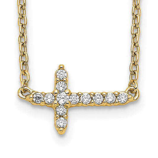 14K Yellow Gold Real Diamond Sideways Cross 18in Necklace