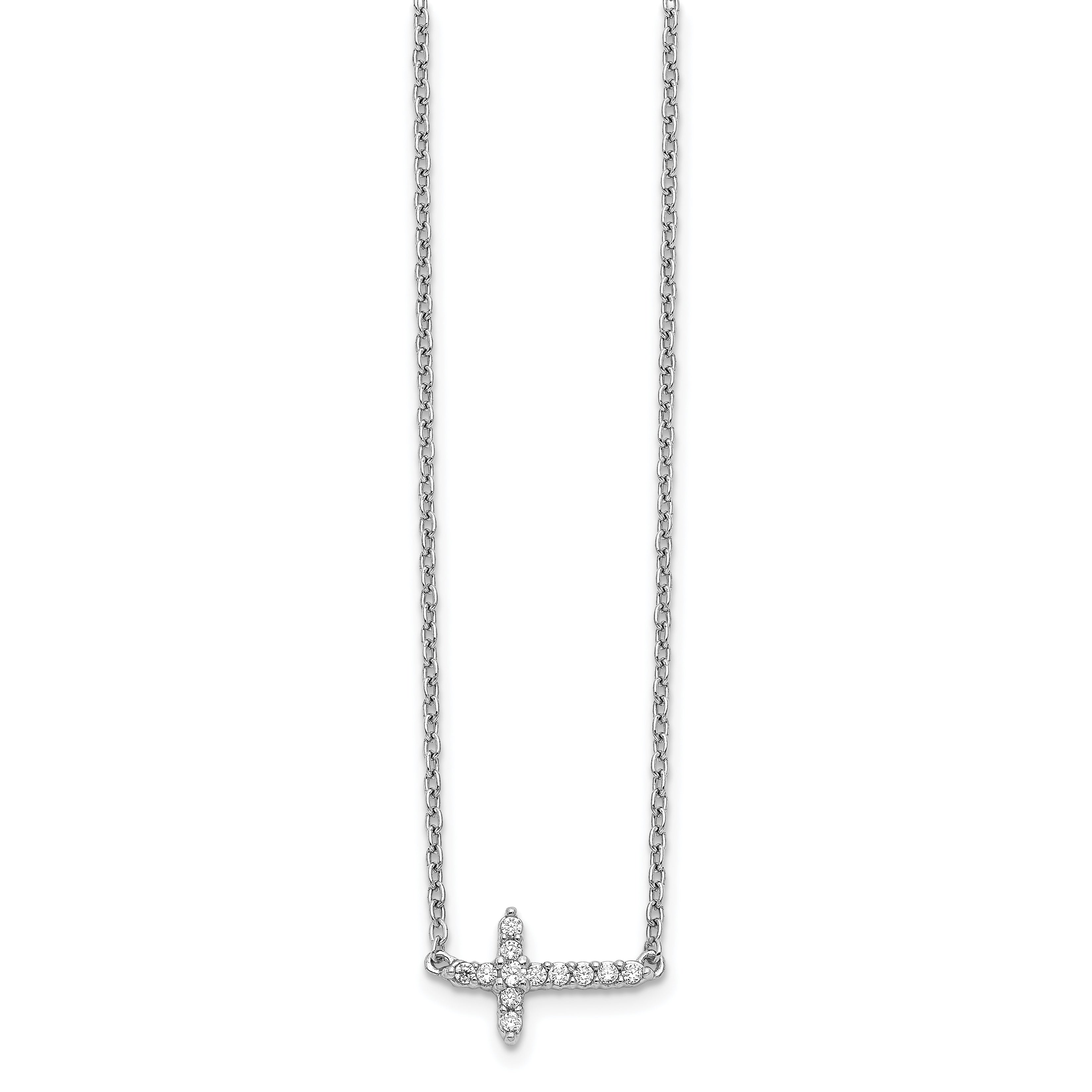 14k White Gold Real Diamond Sideways Cross 18in Necklace