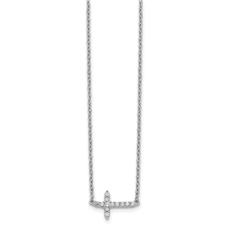 14k White Gold Real Diamond Sideways Cross 18in Necklace