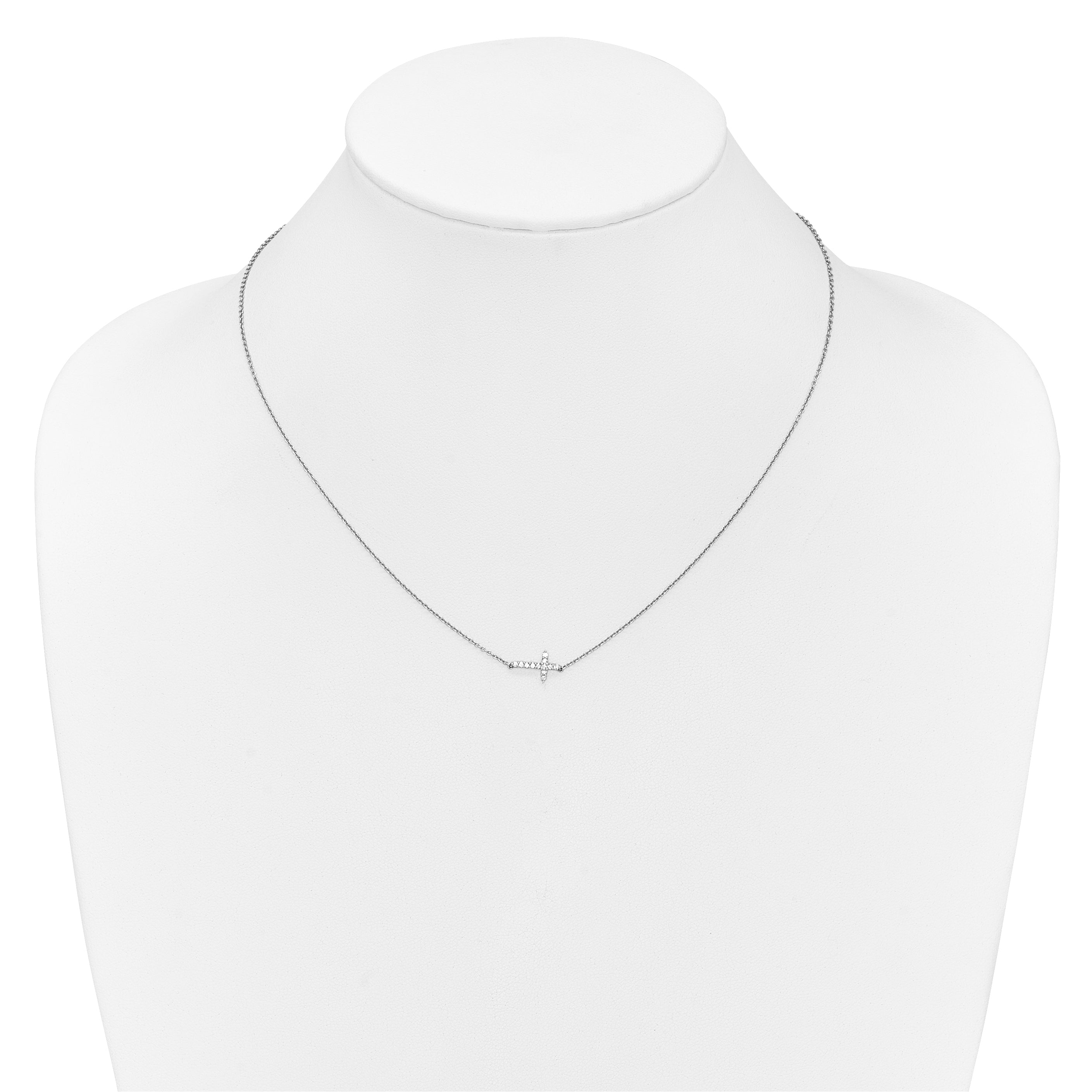 14k White Gold Real Diamond Sideways Cross 18in Necklace