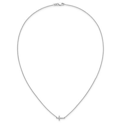 14k White Gold Real Diamond Sideways Cross 18in Necklace
